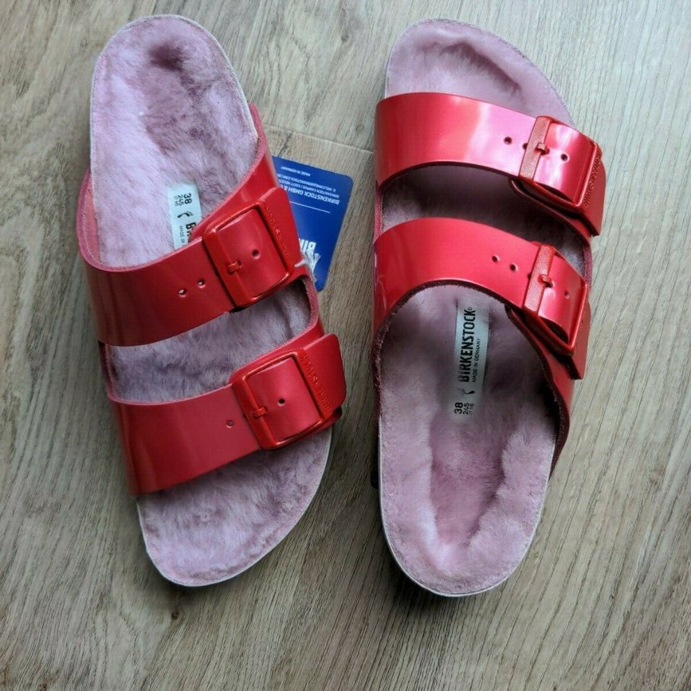 Birkenstock Dark Pink-Red Arizona Sandals with Light Pink Shearling Footbed - Picture 9 of 14